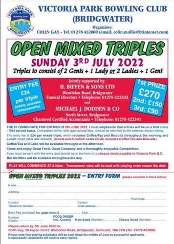 - Victoria Park (Bridgwater)- Open Triples